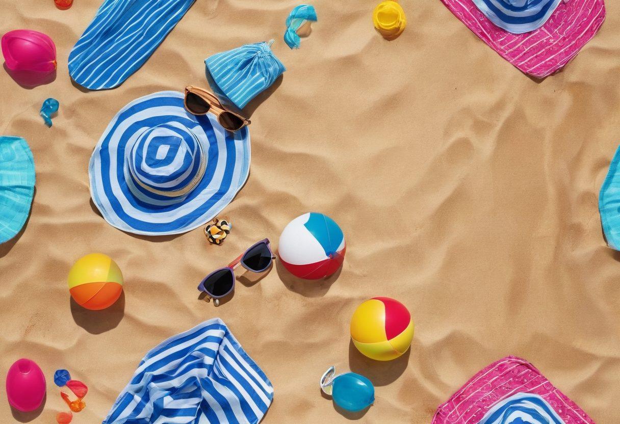 A vibrant beach scene featuring a stylish array of colorful swimwear and leisurewear displayed against a backdrop of golden sand and clear blue waves. Include accessories like sunglasses, hats, and beach towels scattered around to enhance the relaxed vacation vibe. Add playful beach balls and tropical drink props to evoke a sense of fun and leisure. super-realistic. bright colors. sunny atmosphere.