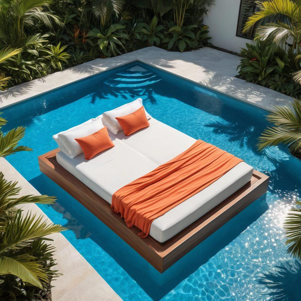 A serene poolside setting with a variety of stylish swimwear displayed elegantly alongside plush, luxurious waterbeds. The scene should feature sun-kissed colors, tropical plants in the background, and a clear blue sky reflecting on the water. Include a tranquil, inviting vibe to evoke comfort and relaxation. super-realistic. vibrant colors. tropical theme.
