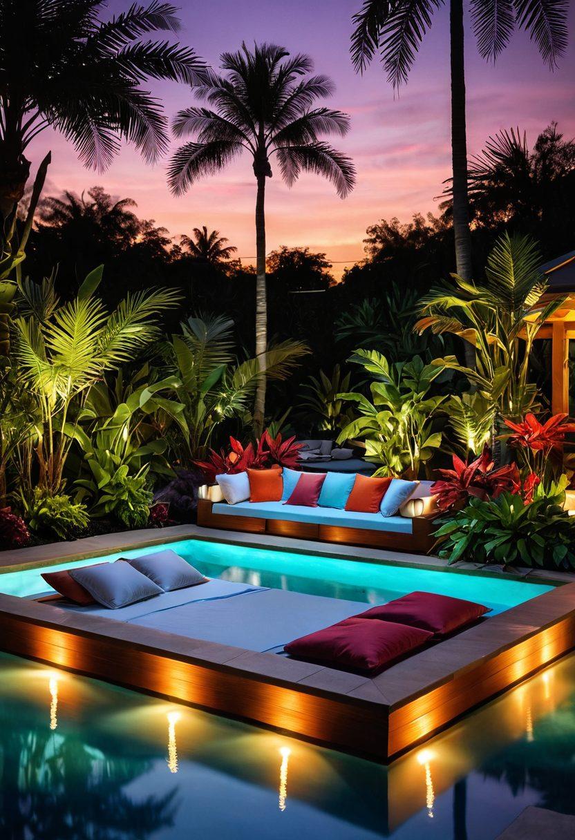 A serene poolside scene featuring luxurious waterbeds in vibrant colors, surrounded by tropical plants and soft ambient lighting. Adding elements of comfort, include plush pillows and stylish outdoor furniture with a beautiful sunset reflecting on the water. Infuse a relaxed, dreamy atmosphere that invites relaxation and indulgence. super-realistic. vibrant colors. soft focus.